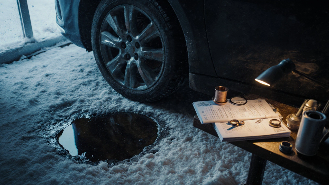 Машина с масляной лужей и рядом — новые запчасти для ТО на рабочем столе.