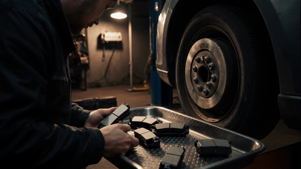 Механик выбирает тормозные колодки в гараже рядом с колесом.