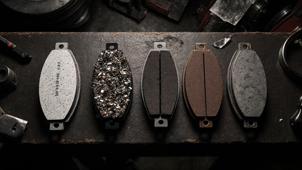 Пять типов тормозных колодок разложенных на рабочем столе.