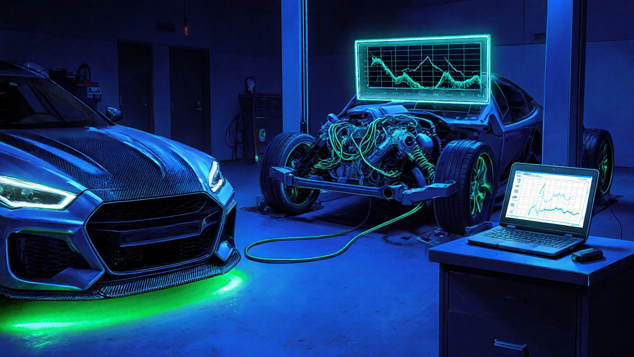 Рабочее место тюнера: аэродинамические обвесы, dyno, OBD‑сканер, неоновая подсветка.