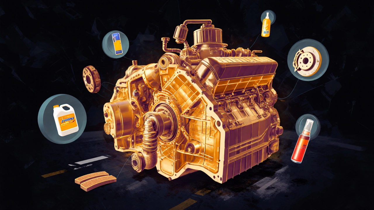 Разрез двигателя и коробки передач с чистыми деталями и символами обслуживания на тёмном фоне.