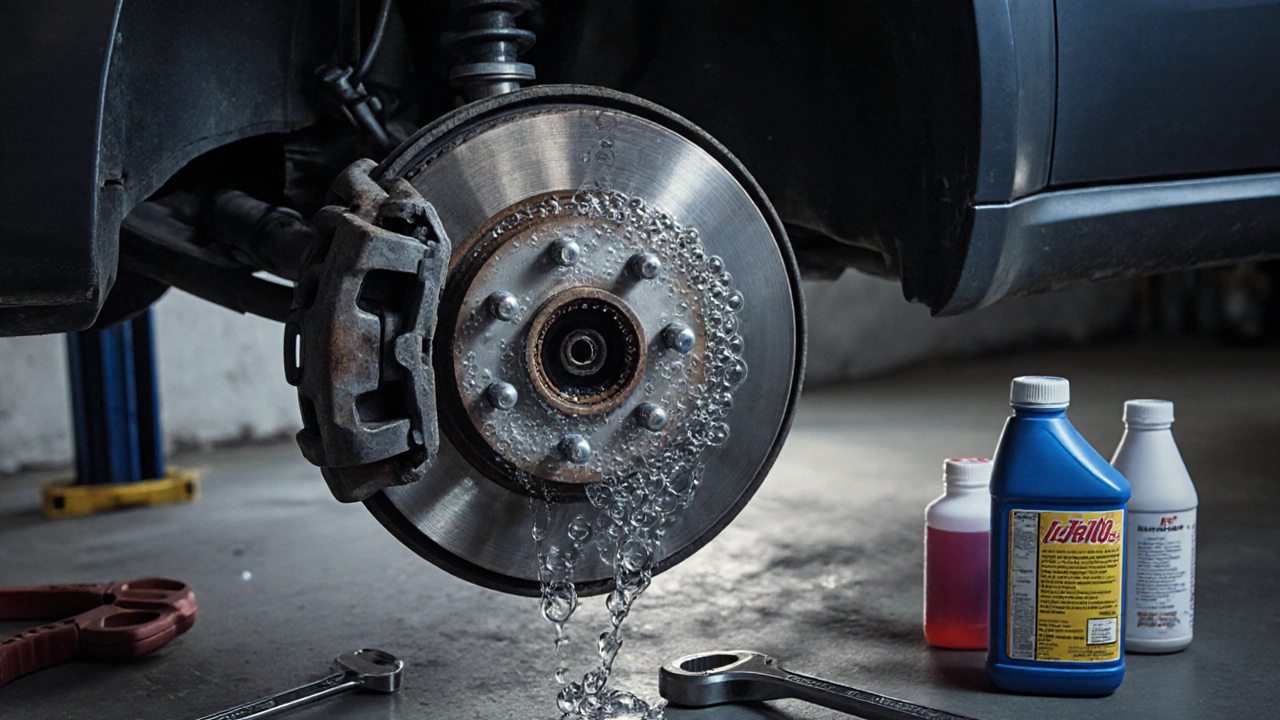 Разрез тормозной системы с воздушными пробками и темной жидкостью, инструменты рядом, неисправность ремонта.