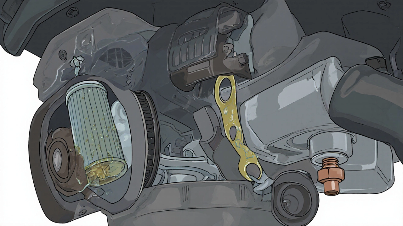 Схема двигателя с对比: загрязнённый фильтр и треснувшие прокладки против новых деталей.
