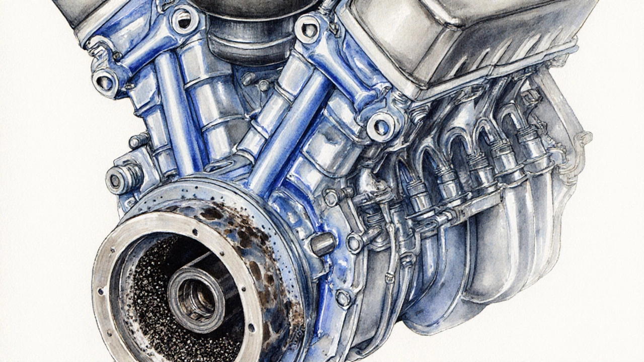 Срез двигателя, показывающий засоренный масляный фильтр, черный осадок и кокс в каналах.