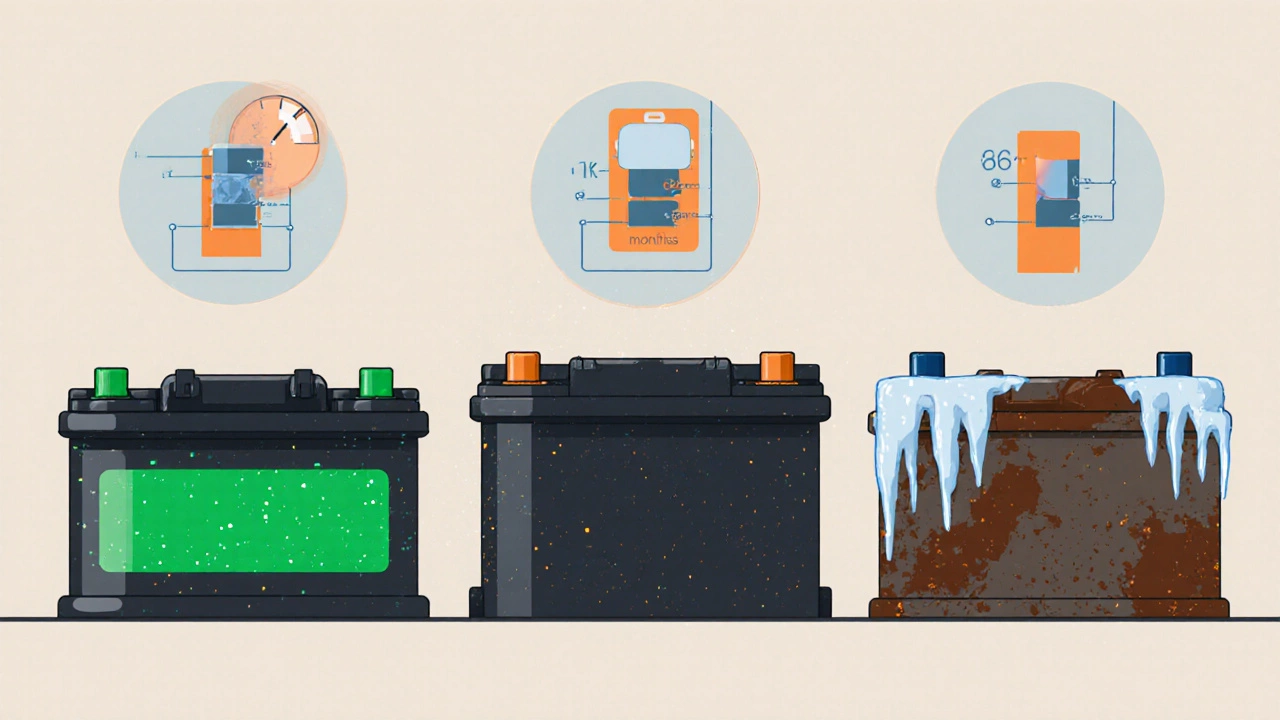 Три батареи разного возраста: новая, средняя, старая с визуальными признаками износа.