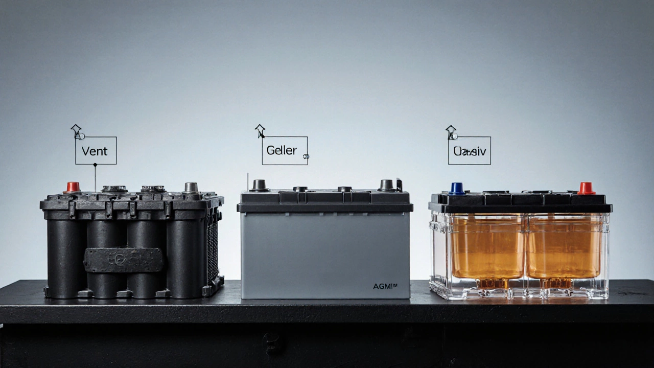 Три вида автотемных батарей (SV, AGM, гелевый) размещены на рабочем столе, показывая их внешние особенности.