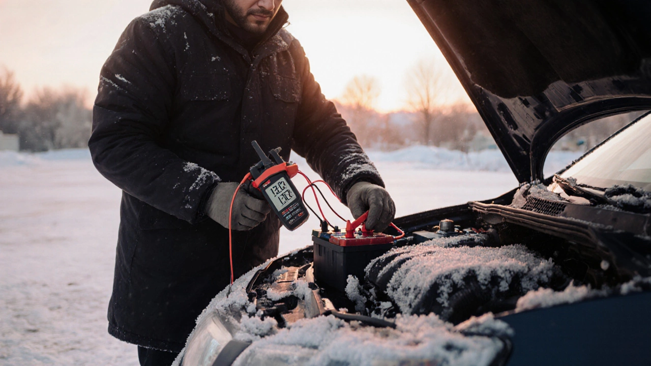 Водитель проверяет напряжение батареи мультиметром в заснеженной дороге.