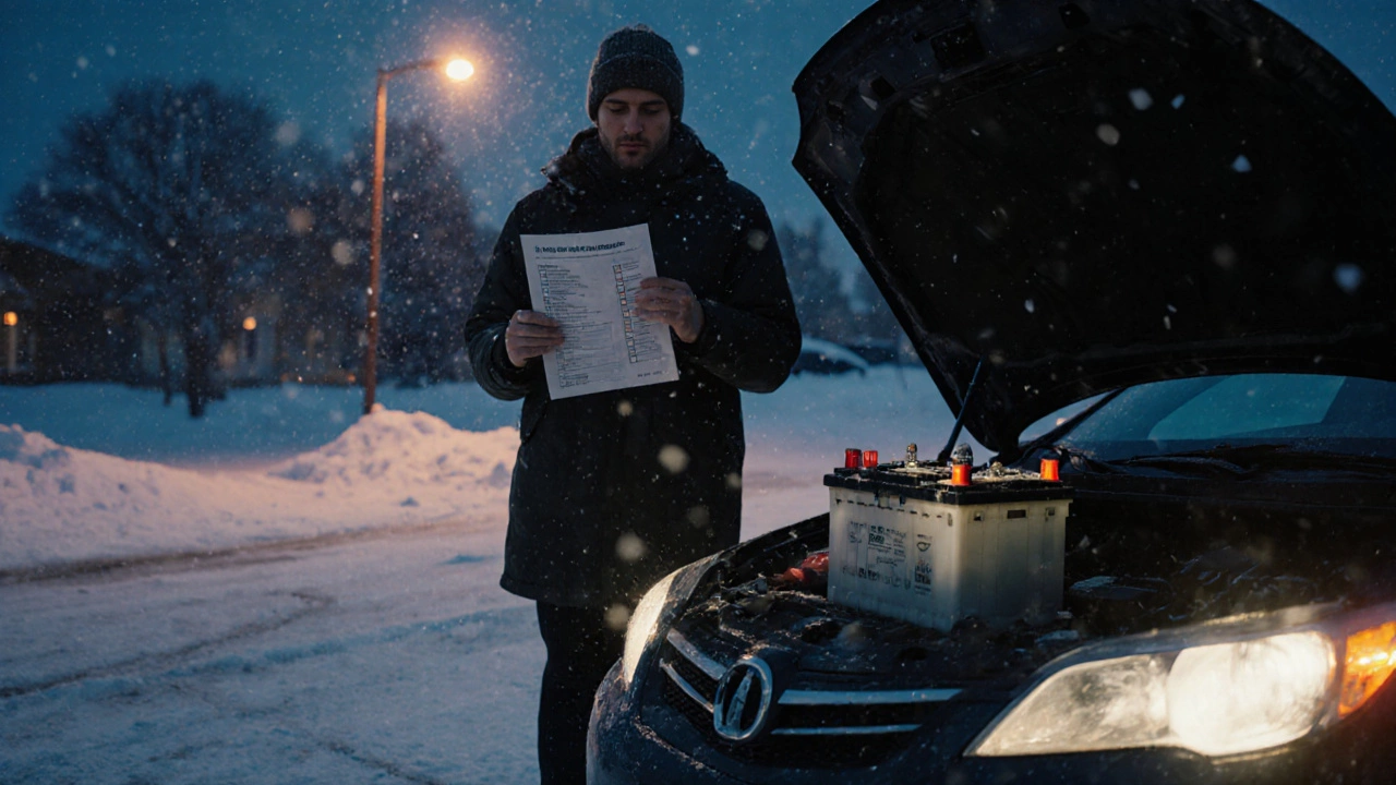 Водитель в зимней одежде проверяет установленный аккумулятор, держа чек‑лист, на фоне снежного гаража.