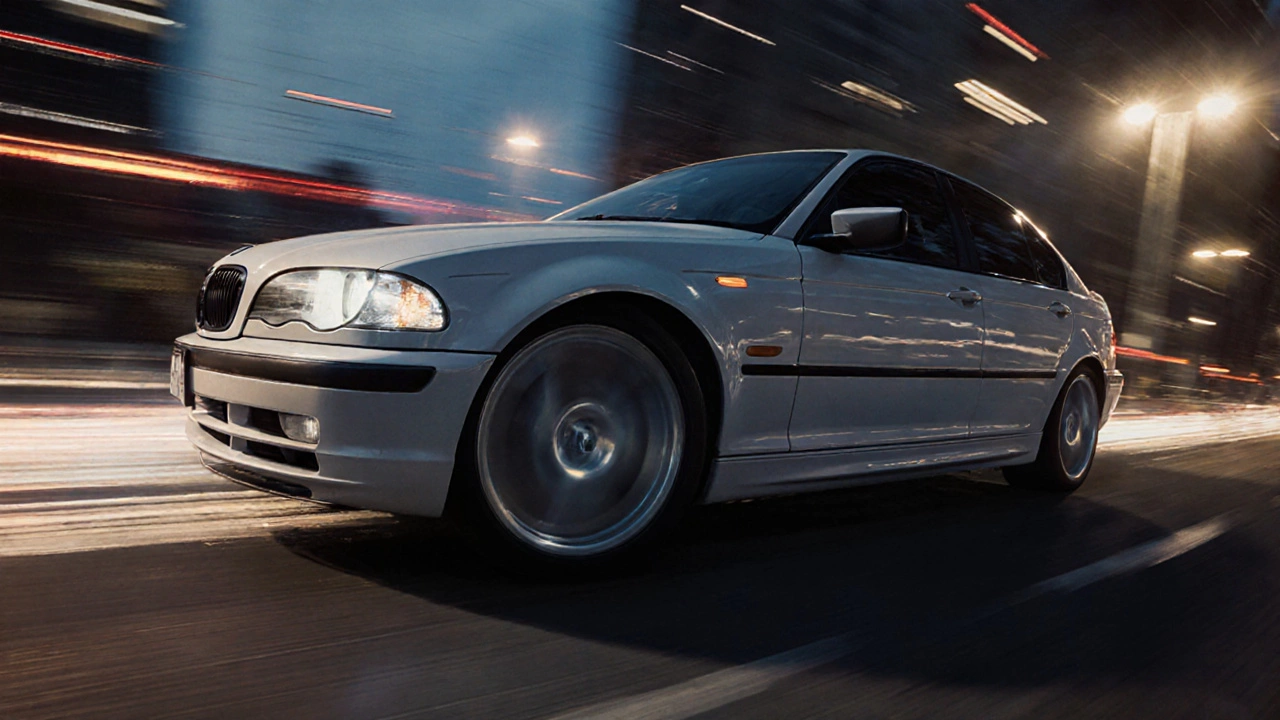 BMW E46 в движении с плавной линией кузова и чистым белым светом фар, фон — размытые городские огни.