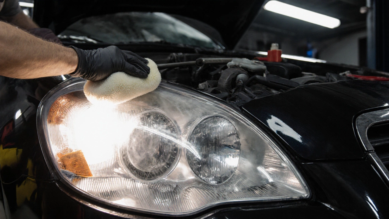 Чистка и полировка помутневших фар в автосервисе для восстановления света.