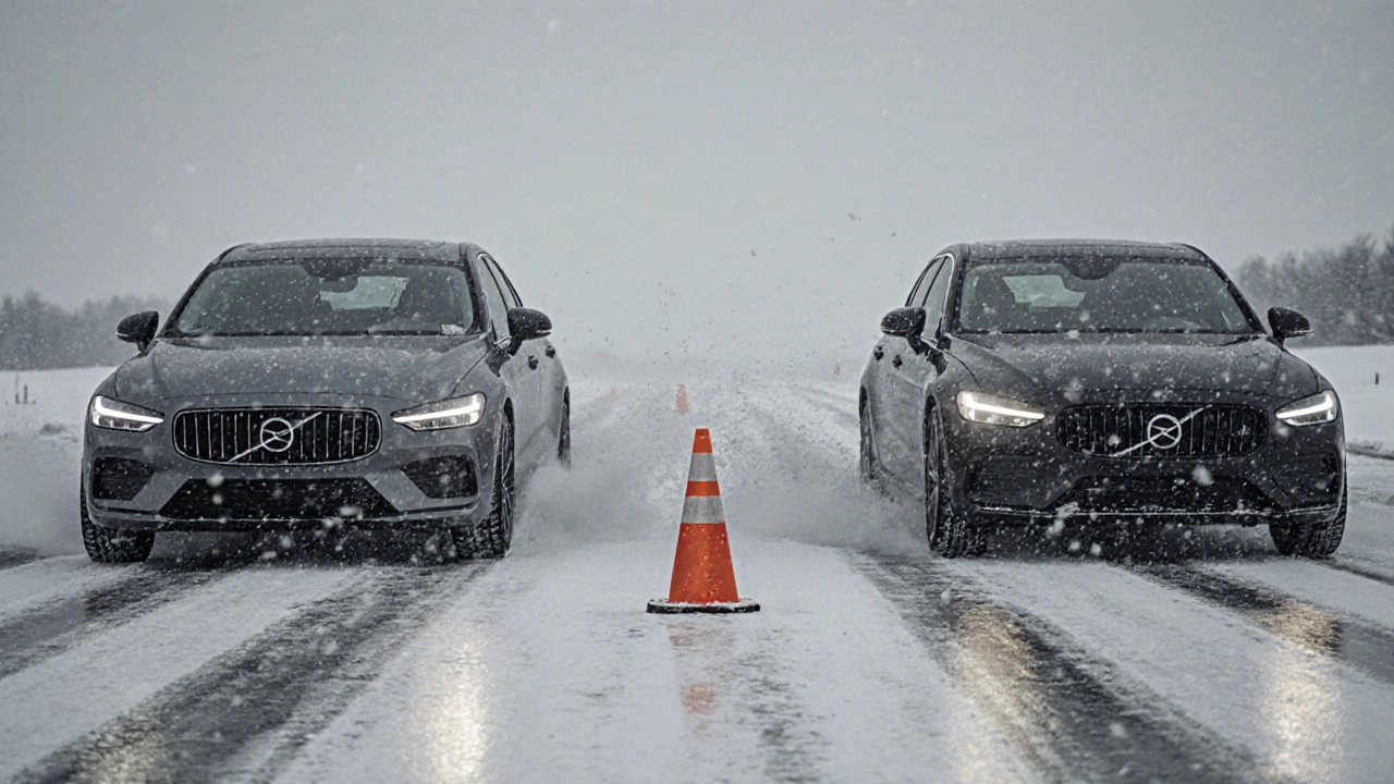 Две машины на снегу: одна останавливается на 24 метрах, другая — на 32 метрах, показывая разницу в тормозном пути.