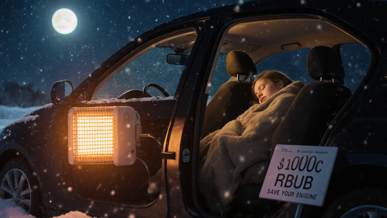 Машина с автономным подогревателем, человек внутри спит в тепле, двигатель не работает, за окном ночь.