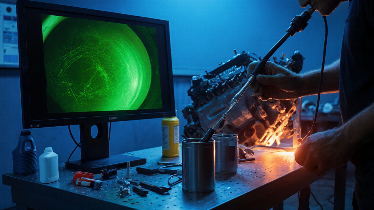 Механик осматривает цилиндр двигателя с помощью эндоскопа, экран показывает внутренние повреждения.