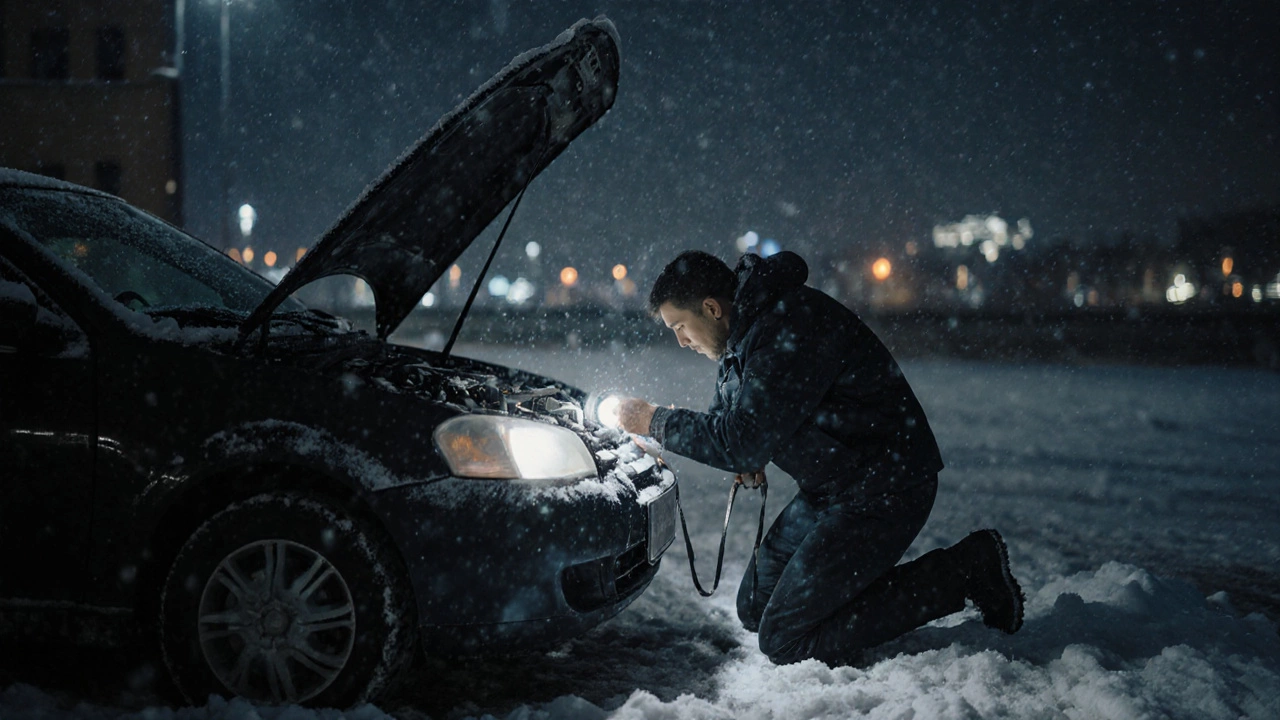 Механик проверяет ремень ГРМ на замерзшей машине ночью под фонариком.