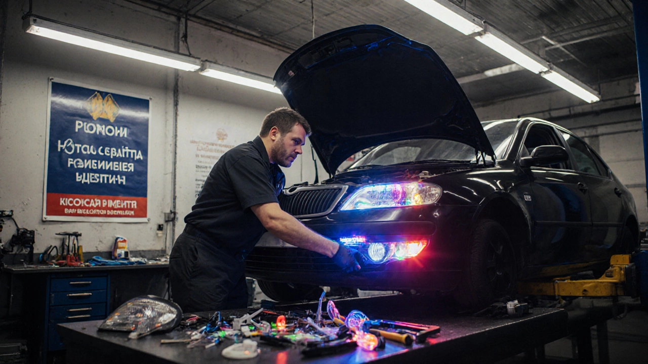 Механик заменяет незаконные фары на сертифицированные в автосервисе, на столе лежат изъятые элементы.