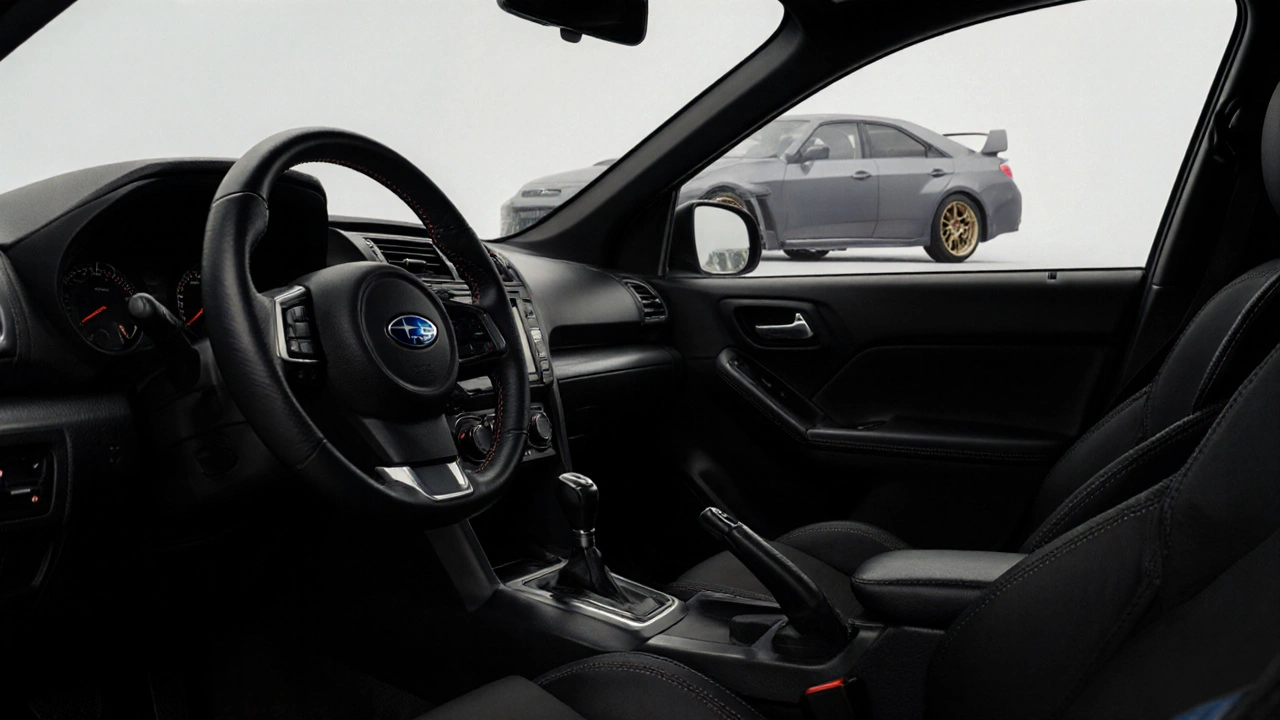 Минималистичный салон автомобиля с кожаными вставками и матовыми акцентами, за окном — серо-металлический Subaru WRX.