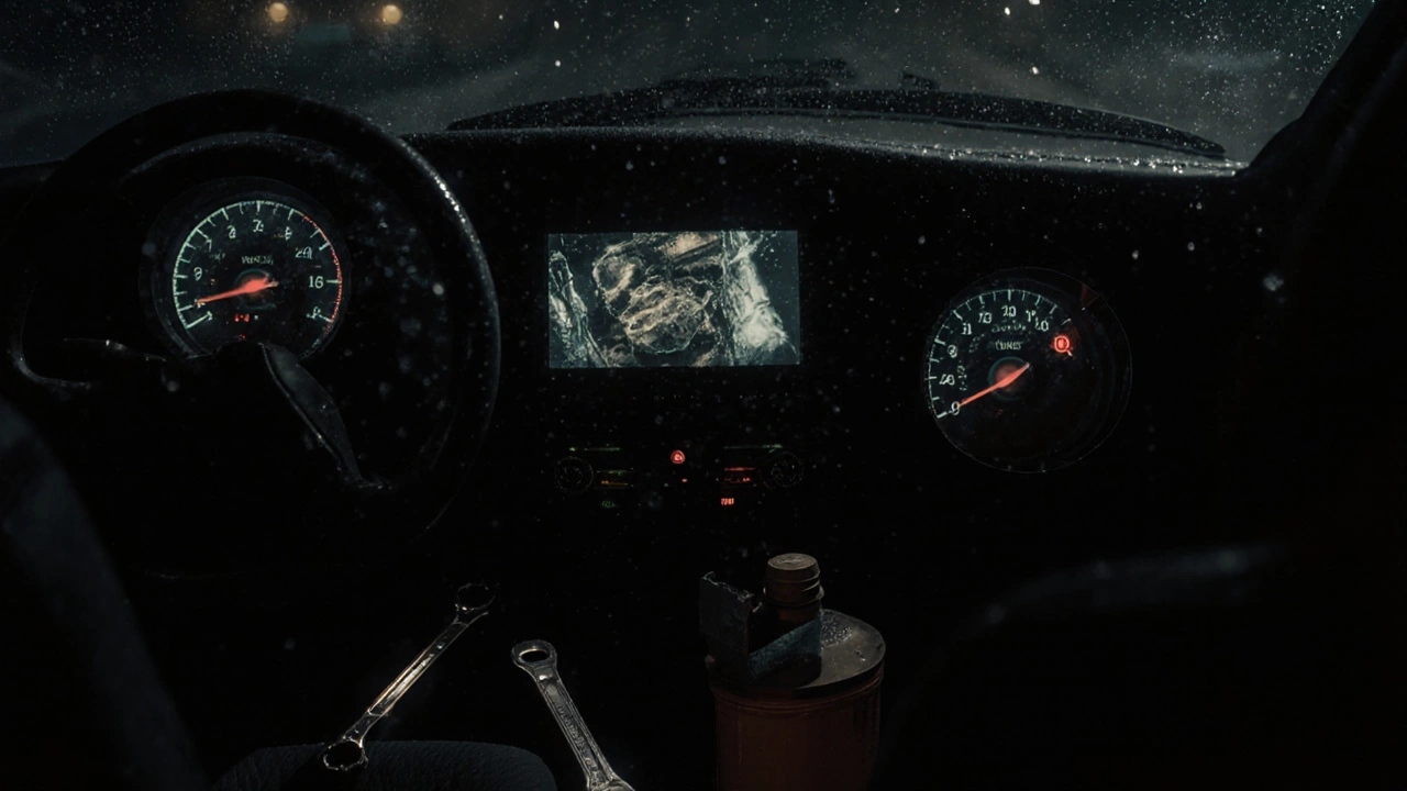 Панель приборов в темноте с предупреждающими огнями и силуэтом разрушающегося двигателя.