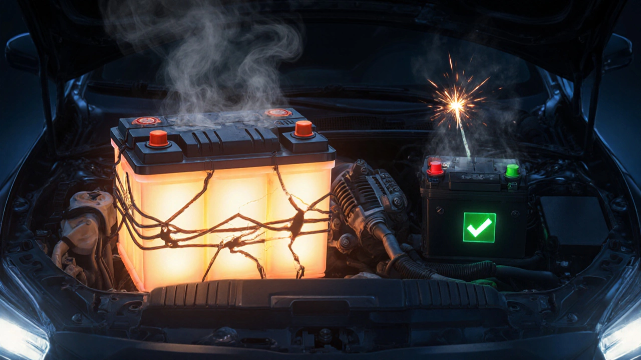 Перегруженный аккумулятор вызывает повреждение проводки и генератора в моторном отсеке.