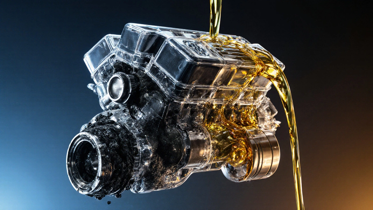 Прозрачный двигатель с грязным маслом внутри и чистой струёй нового масла рядом.