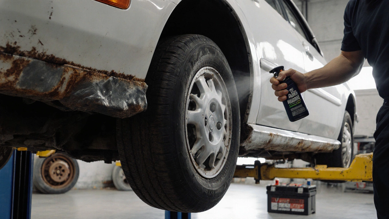 Рабочий наносит антикоррозийное покрытие на пороги автомобиля на подъемнике.