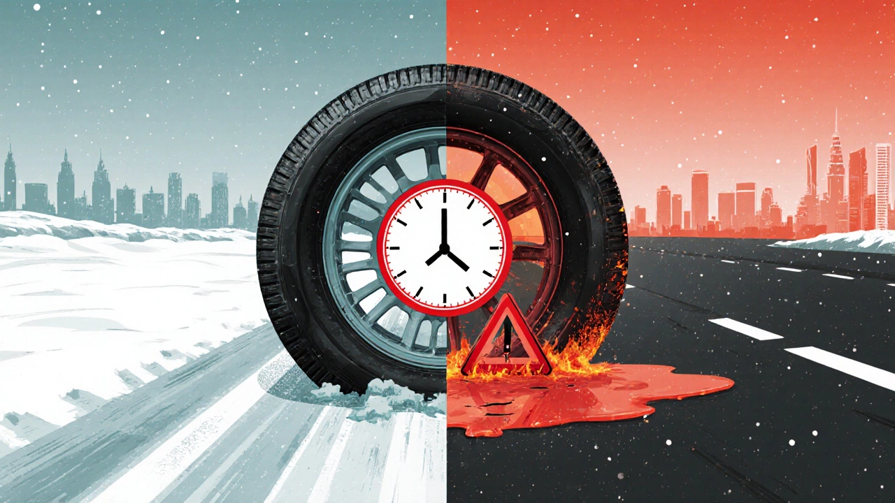 Разделённая шина: зимняя сторона цепляется за лёд, летняя — тает на асфальте, символизируя компромисс безопасности.