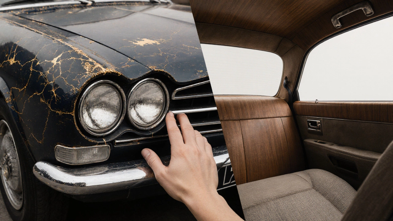 Разделенное изображение: старая машина с золотыми швами и чистый минималистичный салон — рука касается обеих текстур.