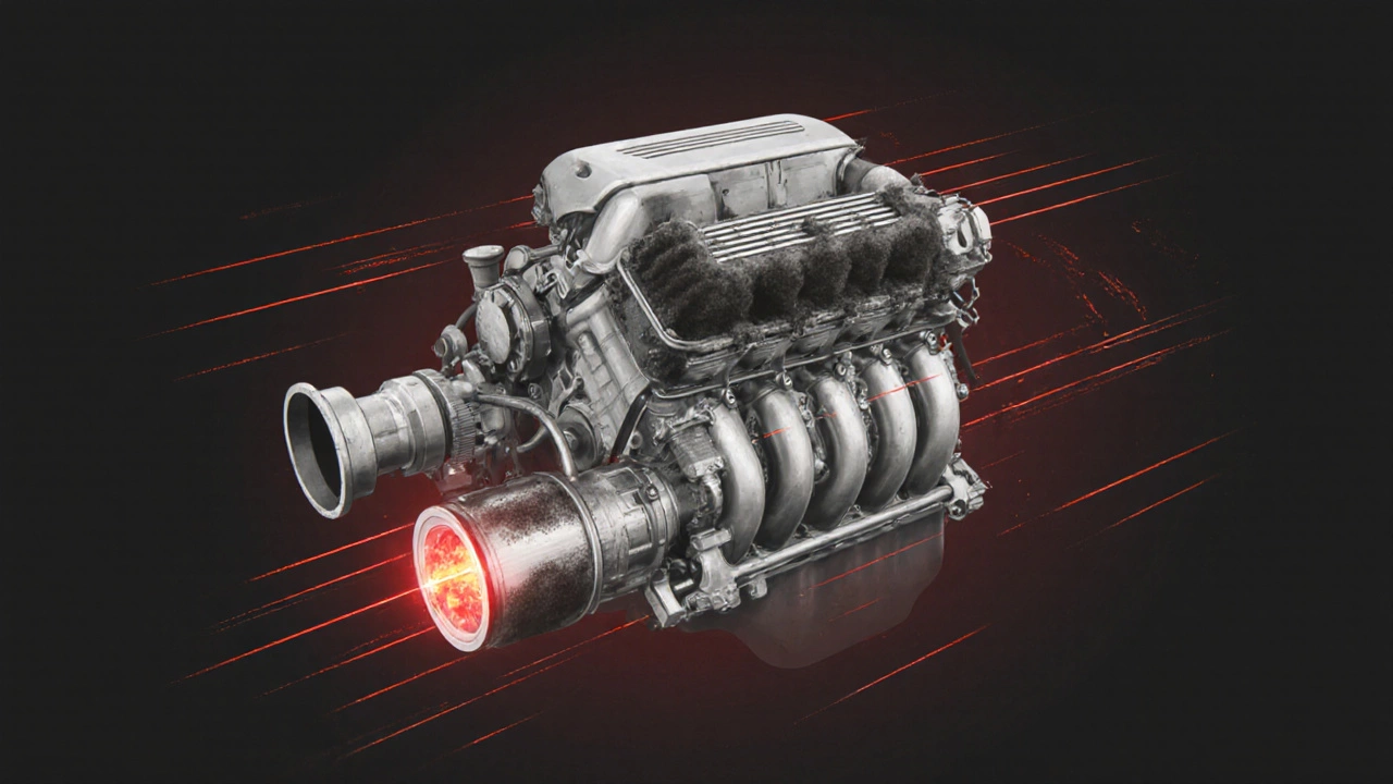 Разрез двигателя с нагаром на цилиндрах и перегретым катализатором, символизирующий повреждение от холостого хода.