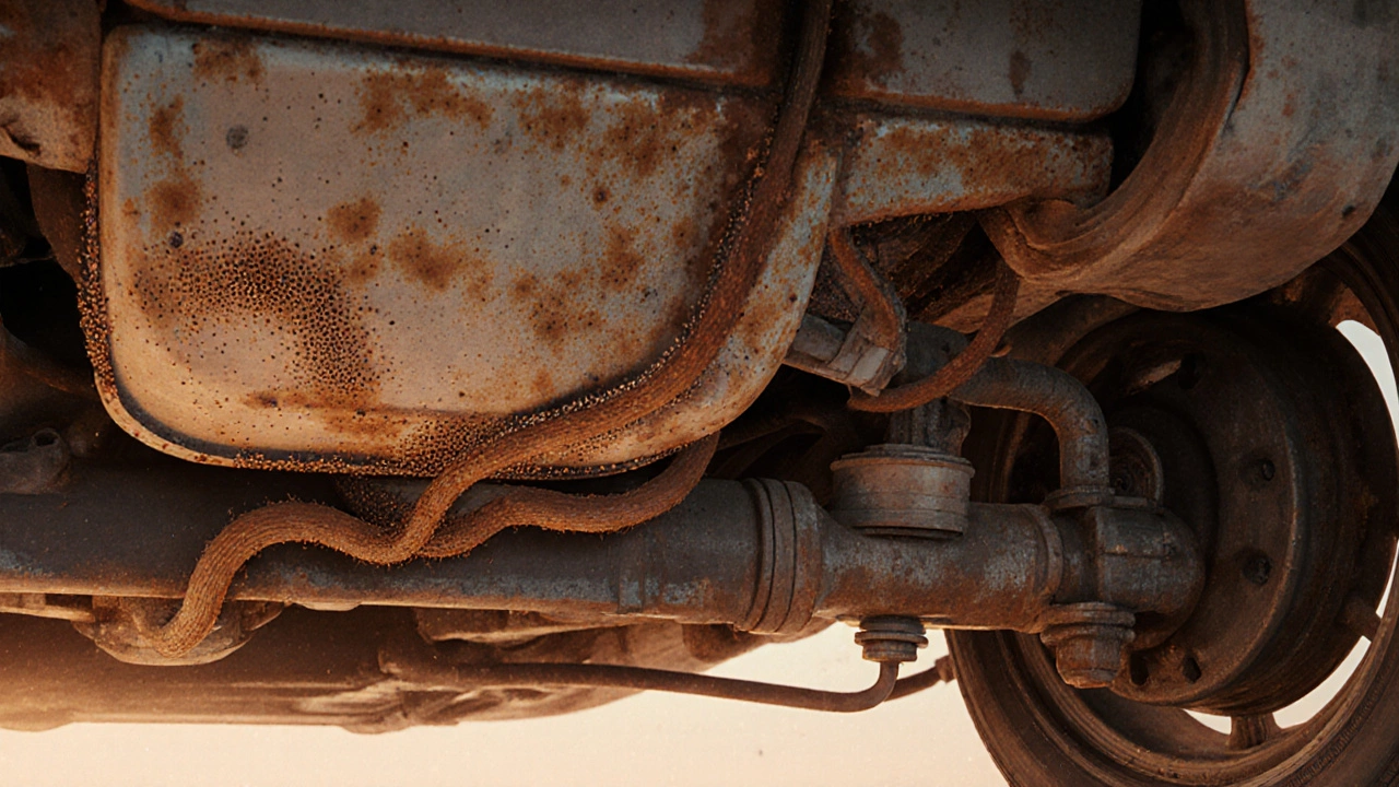 Разрез поддона автомобиля, показывающий распространение коррозии внутри металла.
