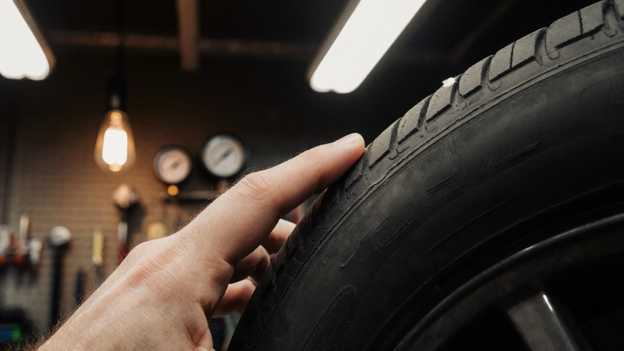 Рука надавливает на боковину шины, показывая разницу в мягкости резины.