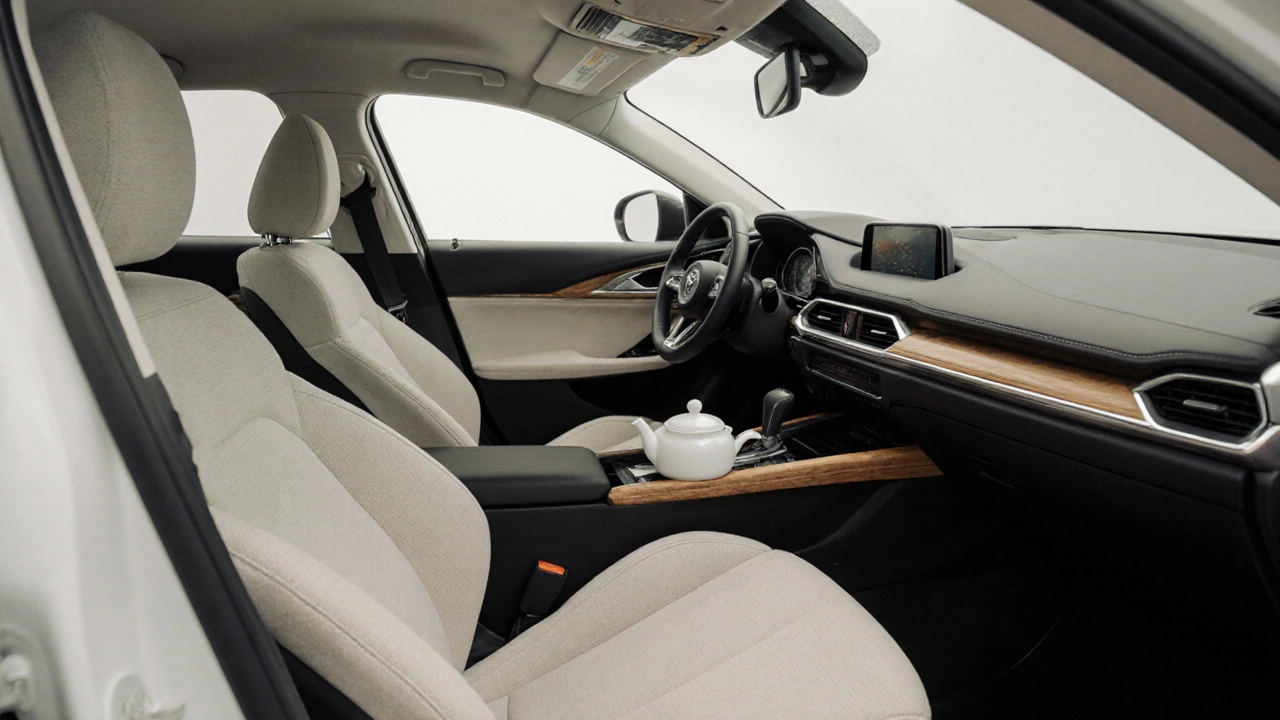 Современная Mazda 3 с белым кузовом, светлым салоном из льна и деревянными вставками, без лишних предметов.