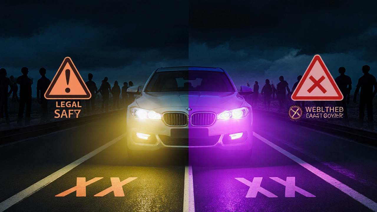 Сравнение легальных и незаконных фар: одна освещает дорогу, другая ослепляет встречный транспорт.
