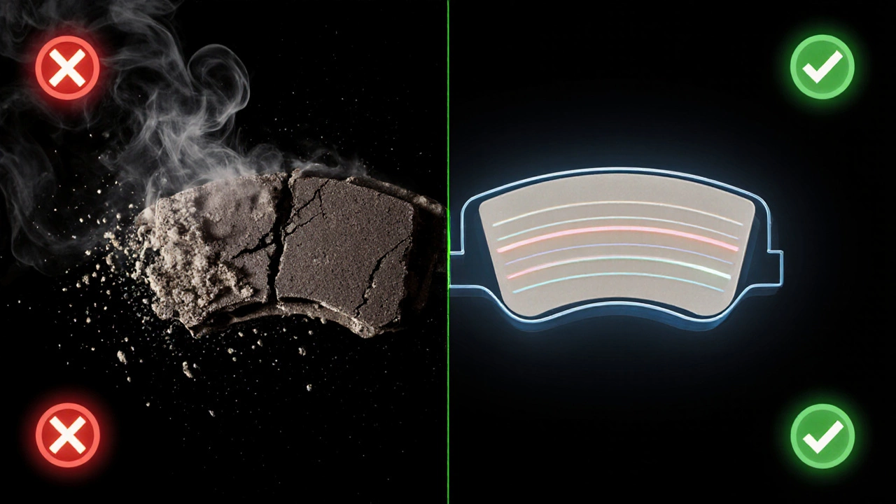 Сравнение поддельных и качественных тормозных колодок: слева — треснувшие с асбестом, справа — целые керамические.
