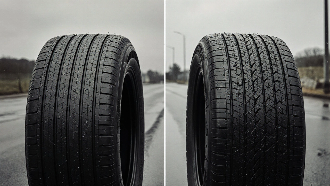 Сравнение протекторов: летняя шина с крупными блоками и всесезонная с мелкой решеткой.