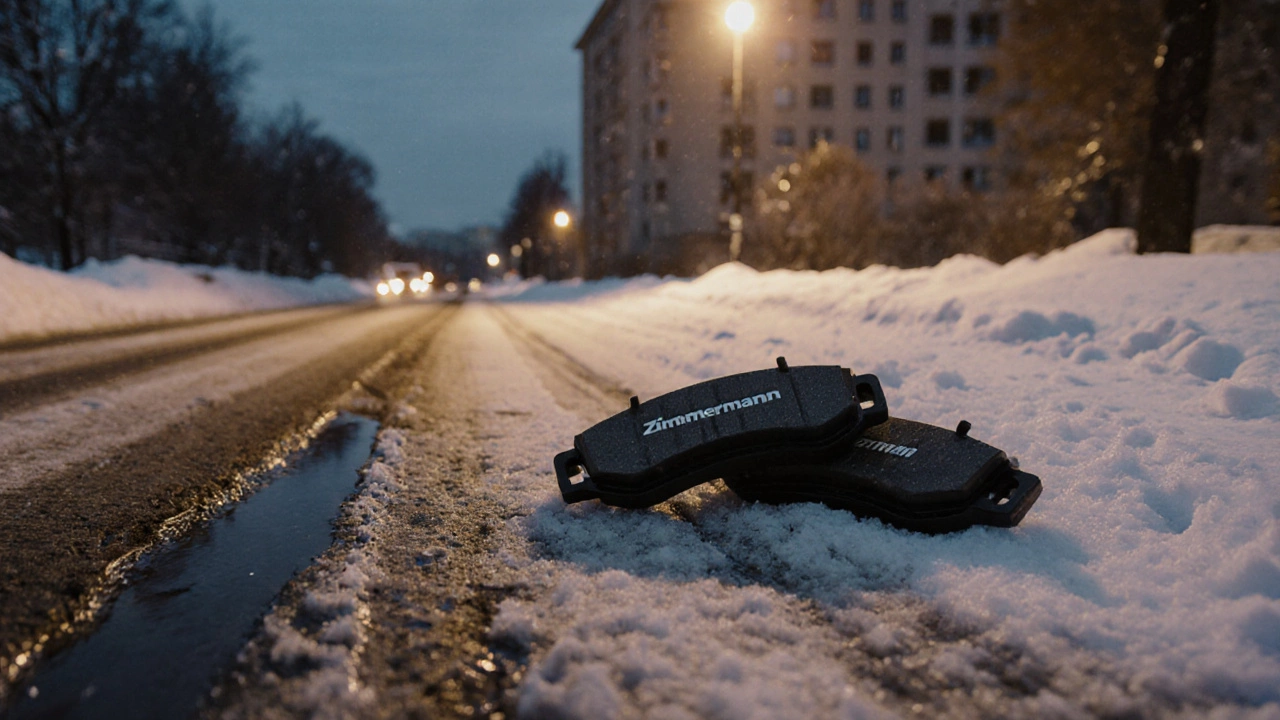 Тормозные колодки Zimmermann на заснеженной дороге в зимнем Москве.
