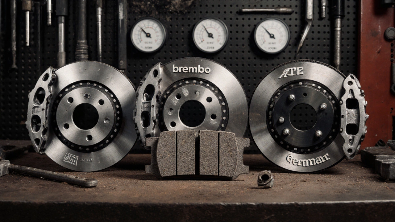 Три комплекта тормозных колодок Brembo, ATE и Textar на рабочем столе, видны текстура материала и детали конструкции.