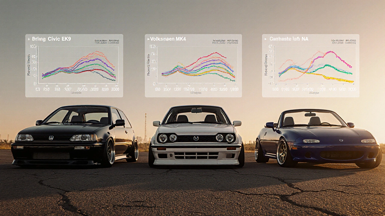 Три легендарные тюнинг-машины — Civic, Golf и MX-5 — стоят рядом под золотым светом заката.