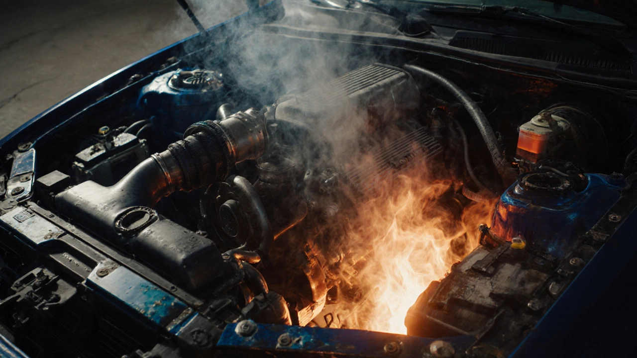 Турбированный двигатель под нагрузкой с выбросом выхлопных газов и потоком воздуха.