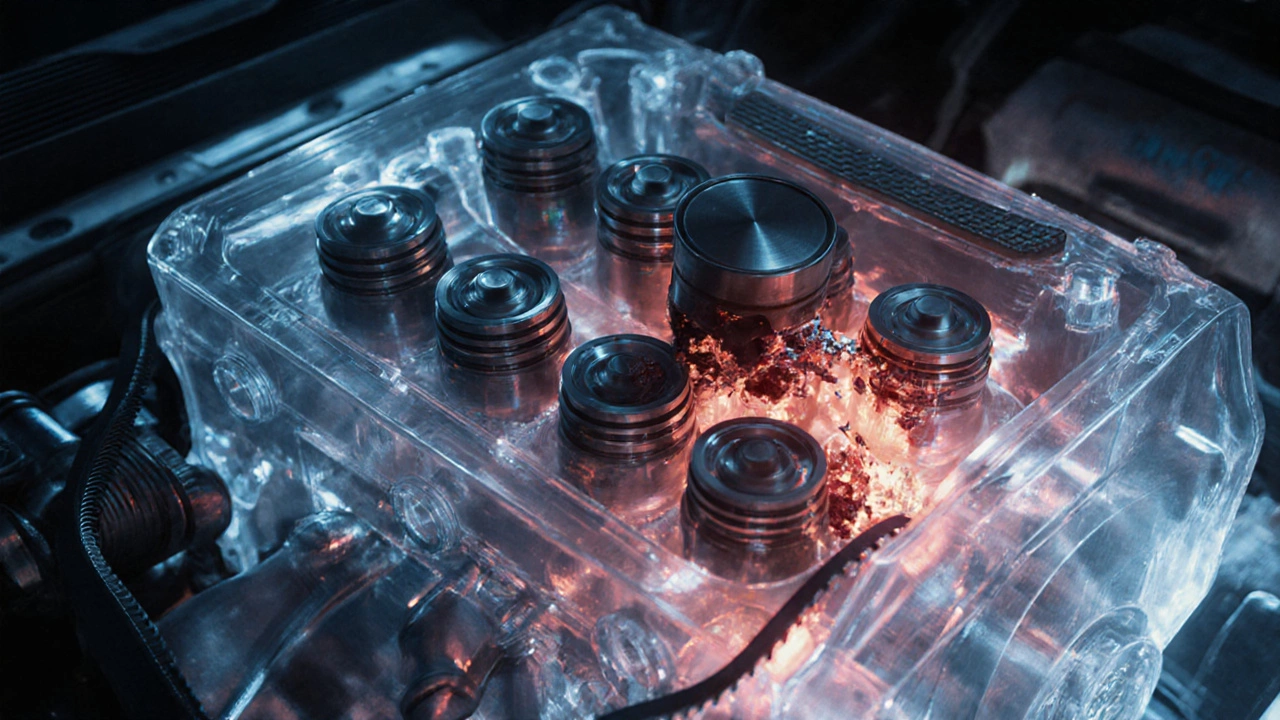 Внутреннее устройство двигателя с деформированными клапанами и сломанным ремнем ГРМ.