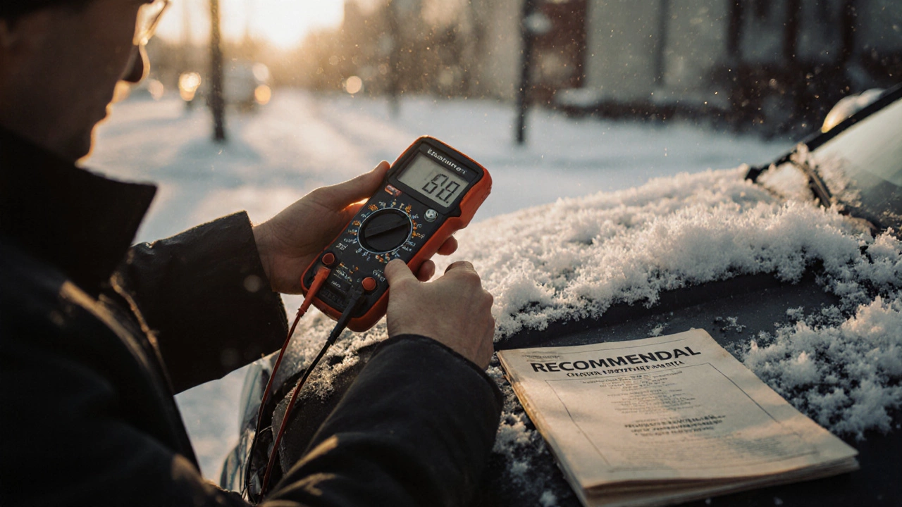 Водитель проверяет напряжение аккумулятора утром в снегу, рядом открыт руководство с рекомендацией.