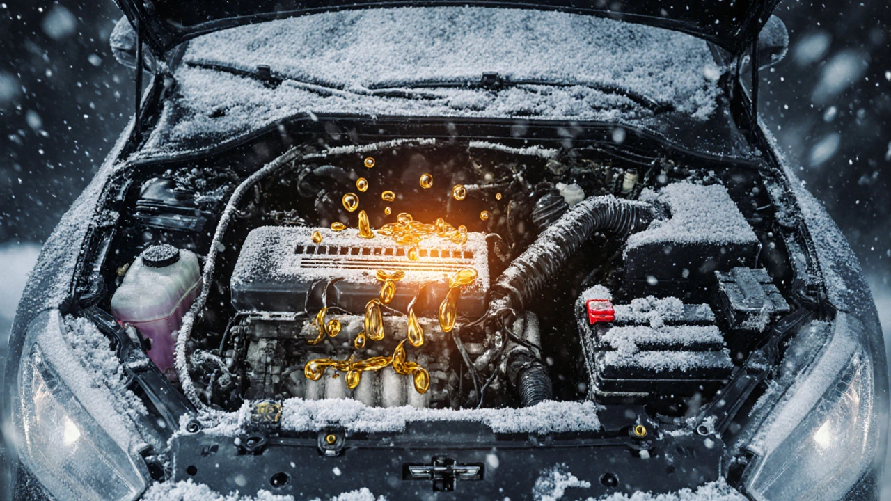 Зимний двигатель с каплями масла, медленно распределяющимися по цилиндрам при прогреве.