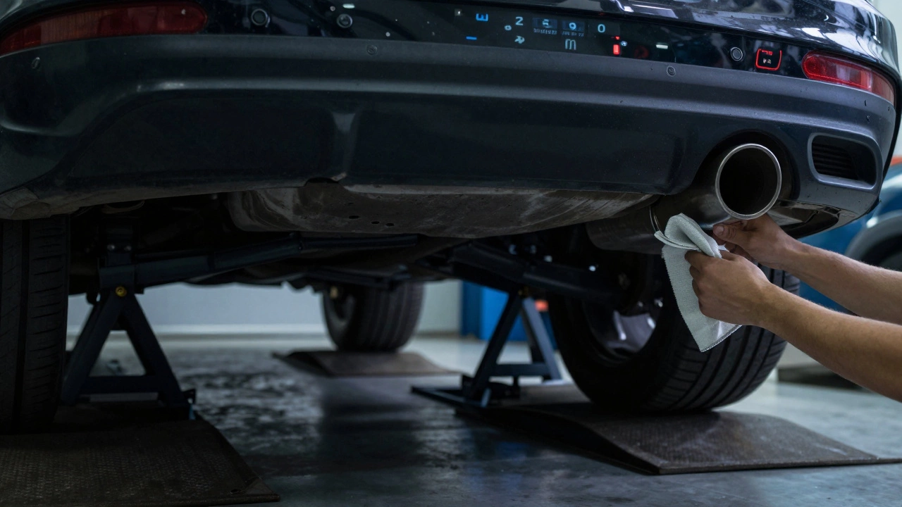 Автомобиль на домкратах с защитными подставками под шинами, рука закрывает выхлопную трубу.