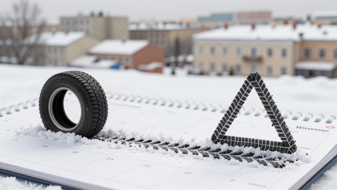 Календарь, переходящий от зимы к лету, с шиной, оставляющей след из стирающейся резины в виде треугольника предупреждения.