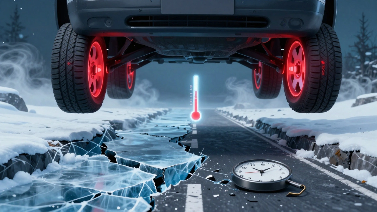 Концептуальная сцена: всесезонные шины не держат на льду, зимние — надежно фиксируют автомобиль.