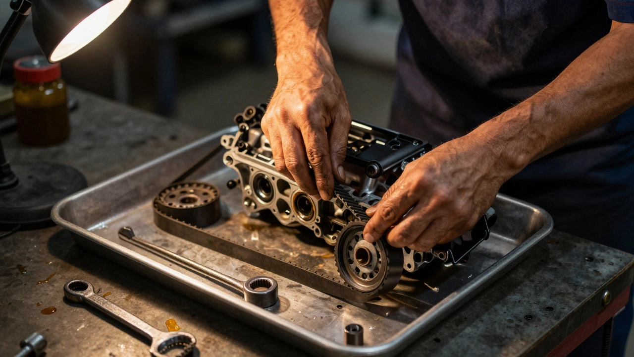 Механик заменяет ремень ГРМ на двигателе в гараже