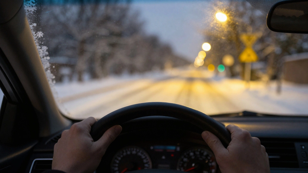 Отражение в лобовом стекле: желтый свет фар доминирует над белым, символизируя безопасность в зимних условиях.