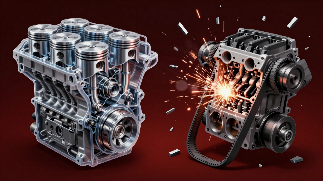 Прозрачный разрез двигателя: поршни сталкиваются с погнутыми клапанами после обрыва ремня ГРМ.