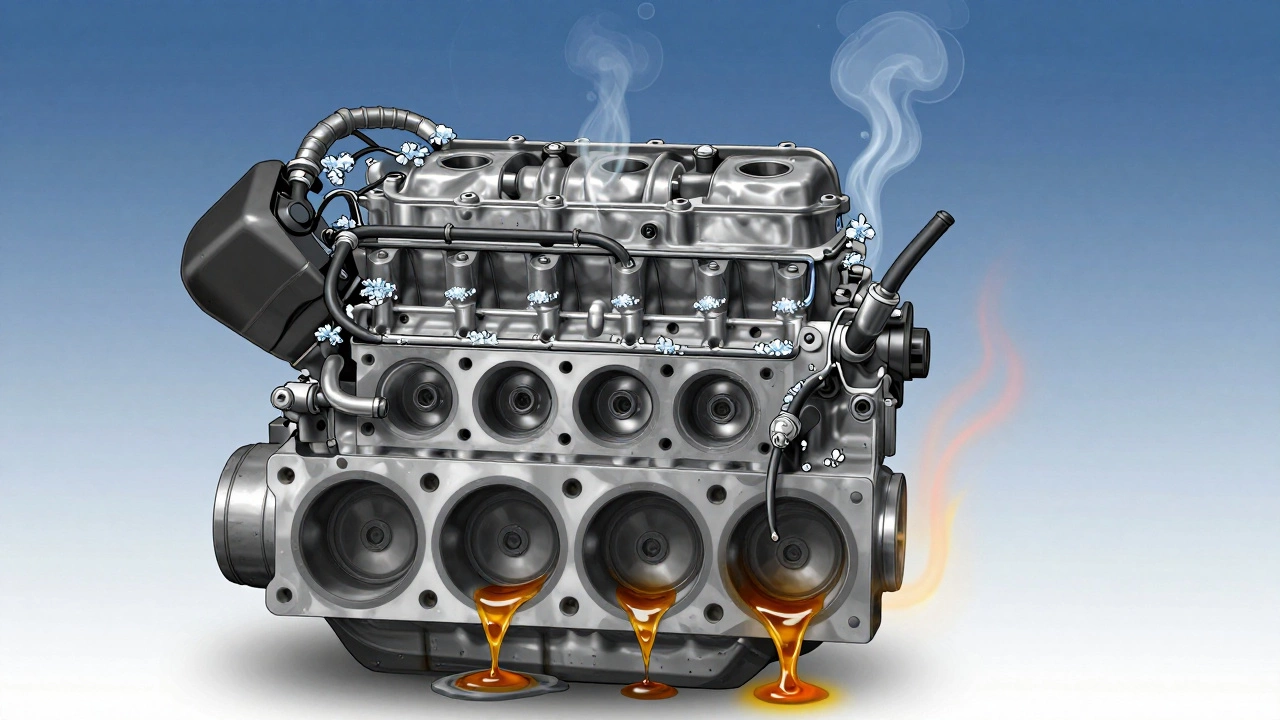 Разрез двигателя автомобиля, показывающий стекшее масло и испаряющееся топливо в холодной среде.