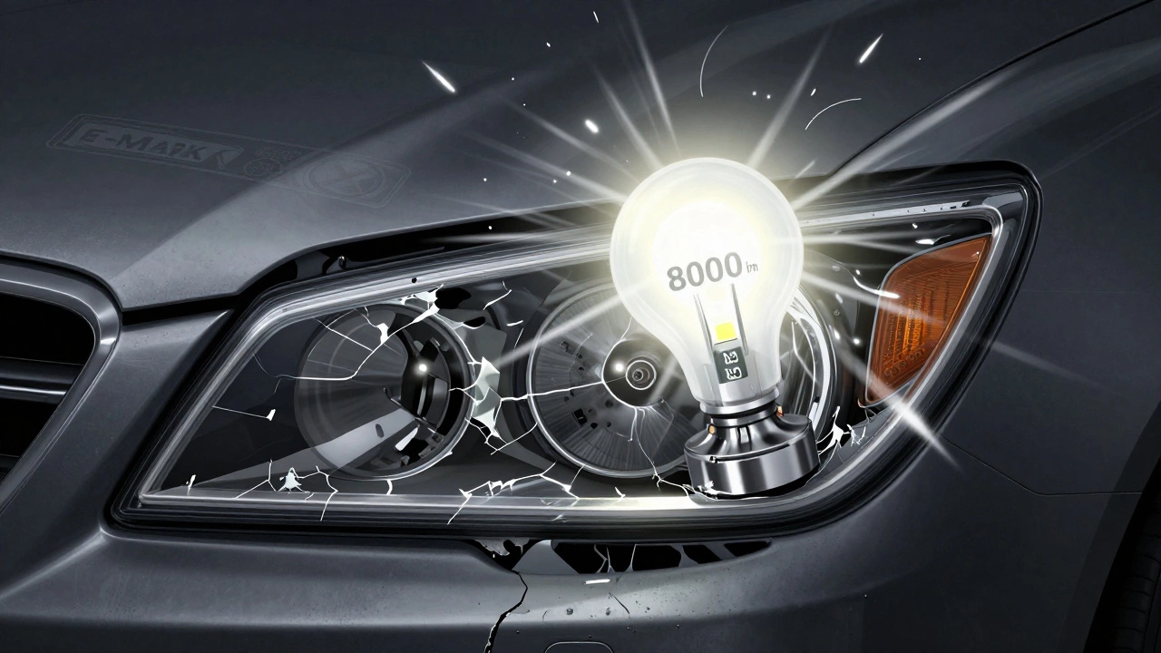 Разрушенная фара с перегретой лампой и рассеянным светом, символизирующая опасность нелегальных ламп.