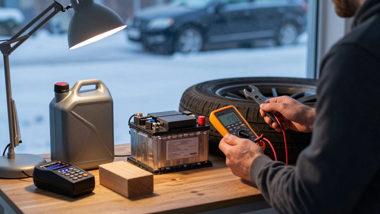 Руки человека с аккумулятором, зарядным устройством и инструментами рядом с машиной зимой.