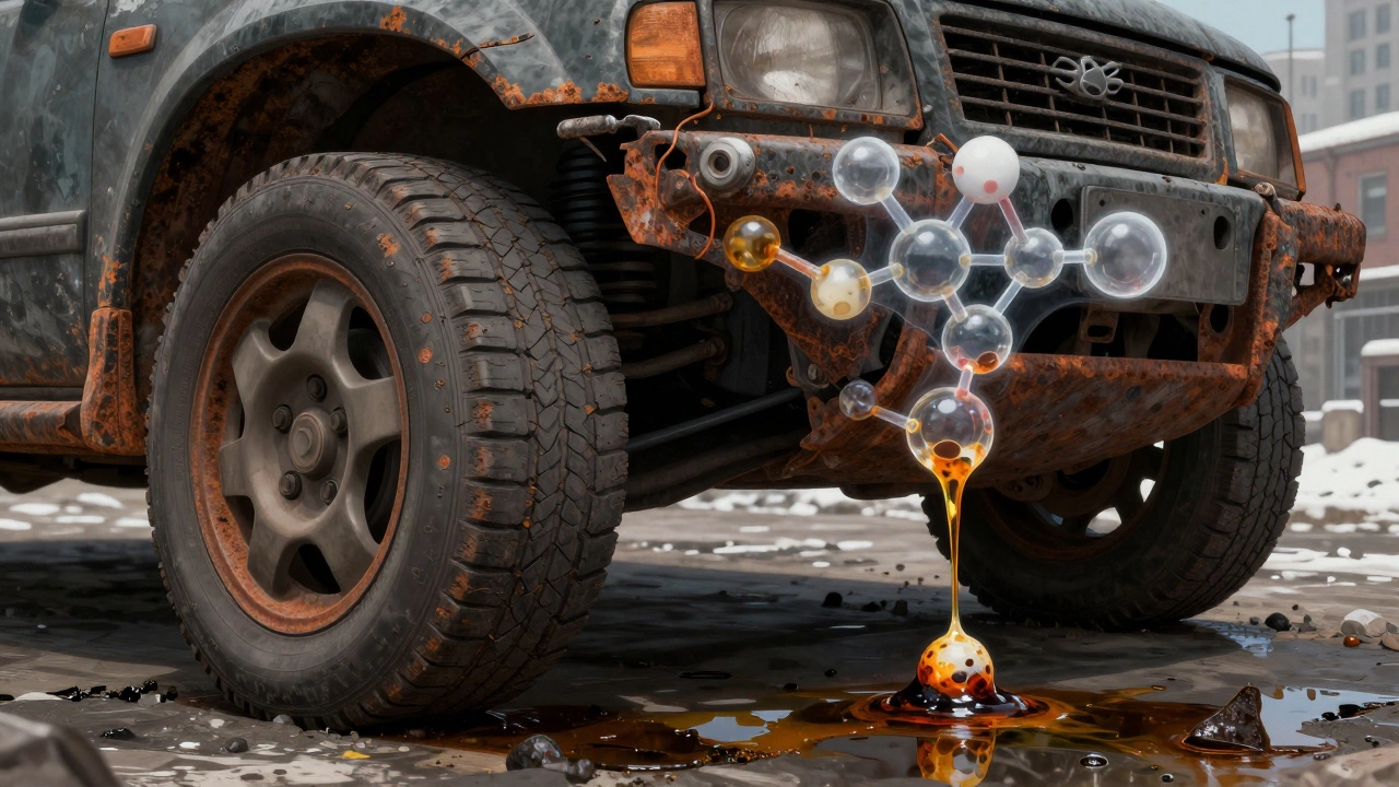 Ржавчина и деформированные шины на днище автомобиля, вид снизу, топливные отложения.